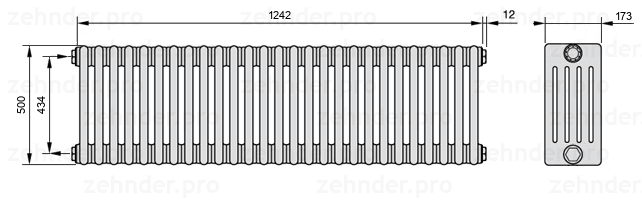 Схема (чертеж) Радиатор Zehnder Charleston 5050/27 №1270 Белый глянцевый RAL 9016
